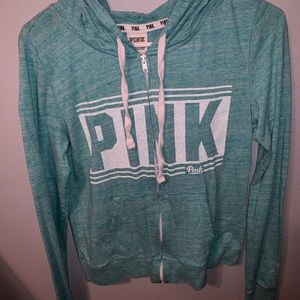 PINK zip up hoodie, kind of blueish green color